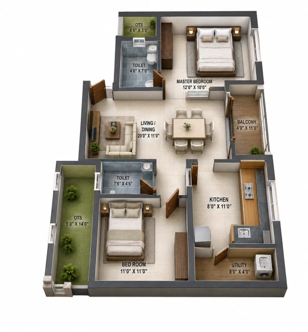 2 BHK Apartment floor plan — 690 sqft