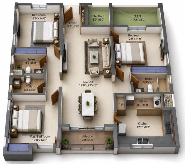 3 BHK Apartment floor plan — 1,730 sqft