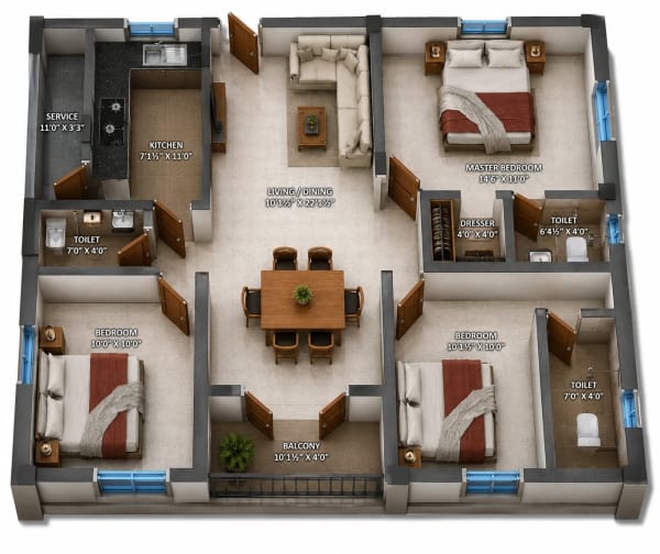 3 BHK Apartment floor plan — 1,299 sqft