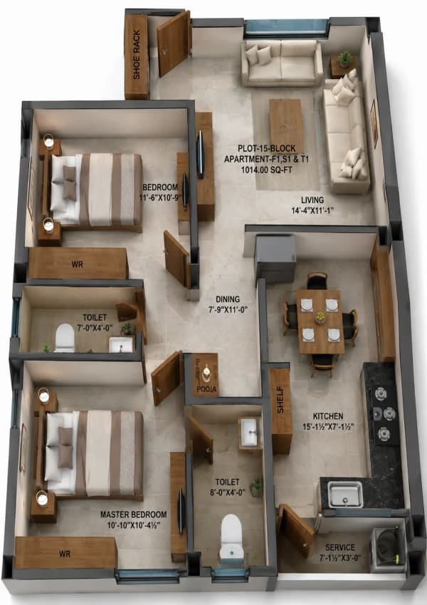2 BHK Apartment floor plan — 1,014 sqft
