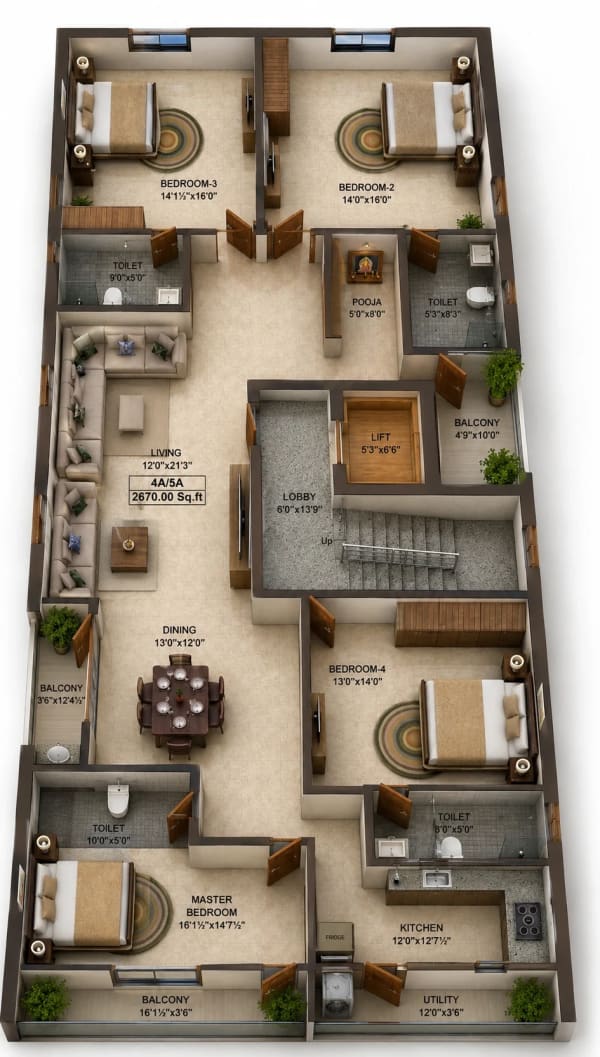 3 BHK Apartment floor plan — 2,670 sqft