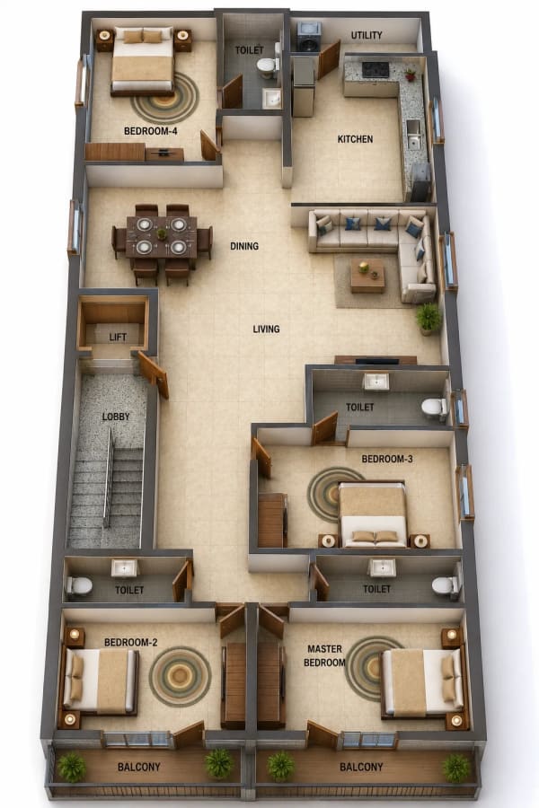 4 BHK Apartment floor plan — 2,665 sqft