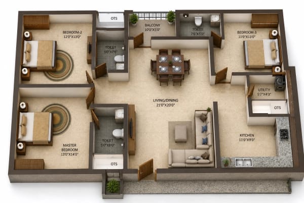 3 BHK Apartment floor plan — 1,680 sqft
