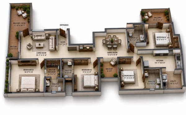 4 BHK Apartment floor plan — 2,981 sqft