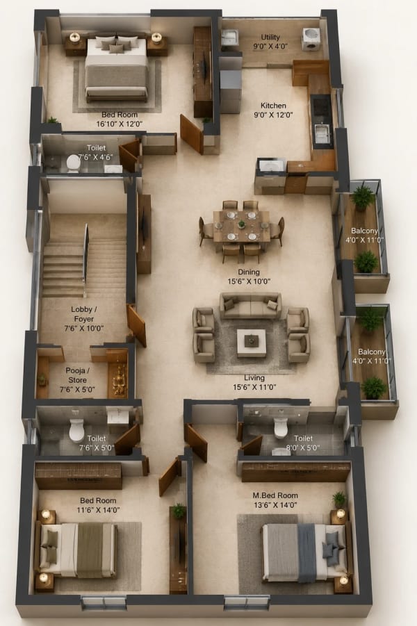 3 BHK Apartment floor plan — 1,680 sqft