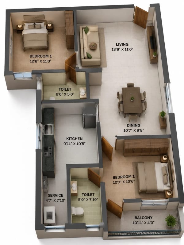 2 BHK Apartment floor plan — 1,024 sqft