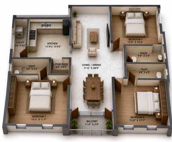 3 BHK Apartment floor plan — 1,656 sqft