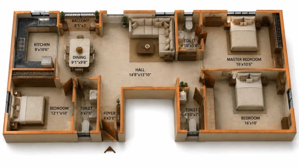3 BHK Apartment floor plan — 1,400 sqft