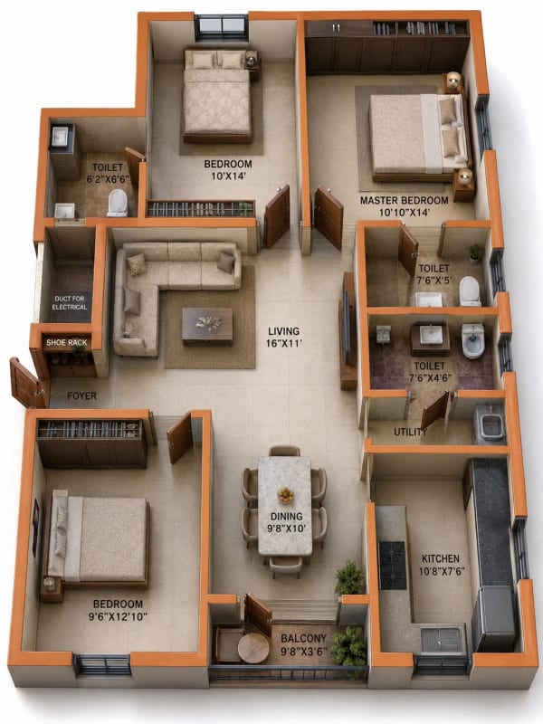3 BHK Apartment floor plan — 1,315 sqft