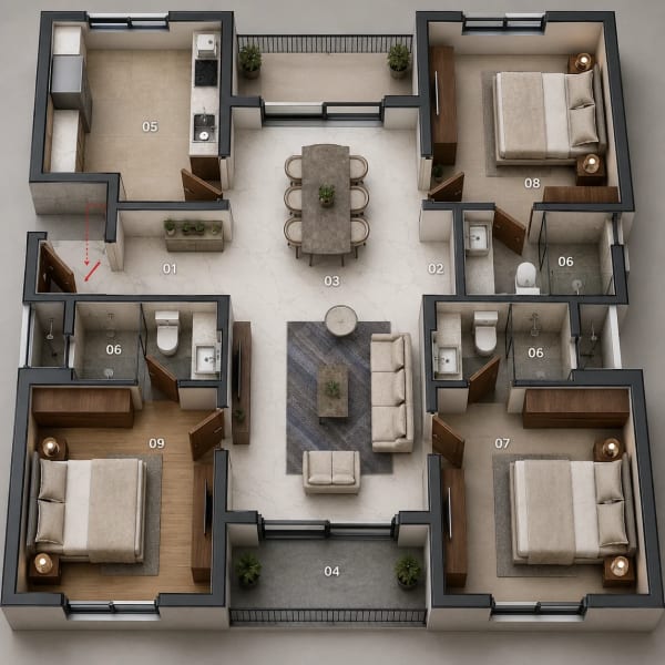 3 BHK Apartment floor plan — 1,600 sqft