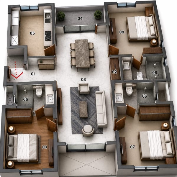 3 BHK Apartment floor plan — 1,620 sqft