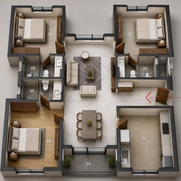 3 BHK Apartment floor plan — 1,545 sqft