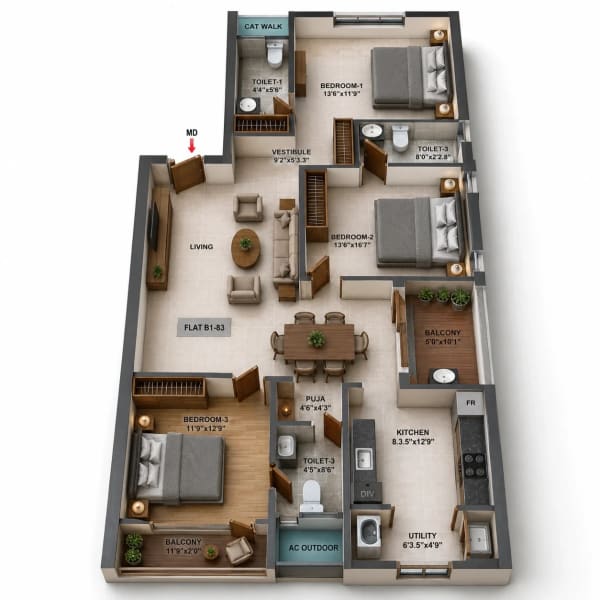 3 BHK Apartment floor plan — 1,586 sqft