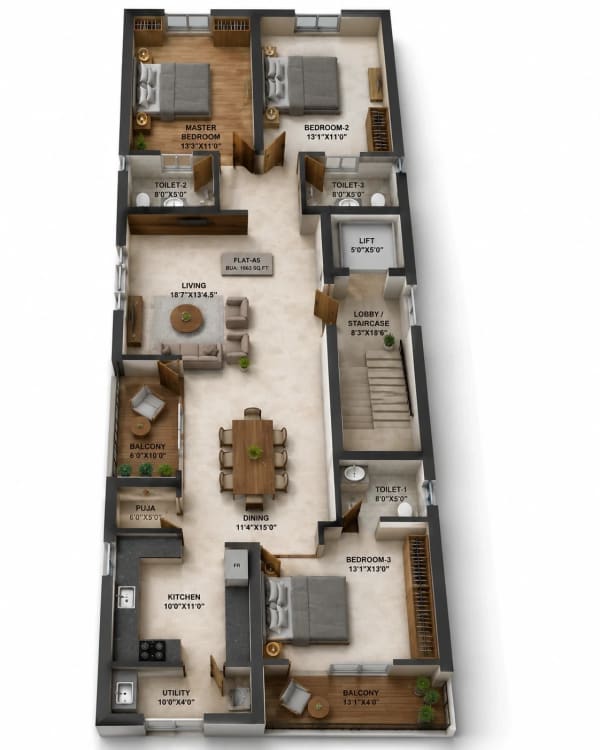 3 BHK Apartment floor plan — 1,968 sqft