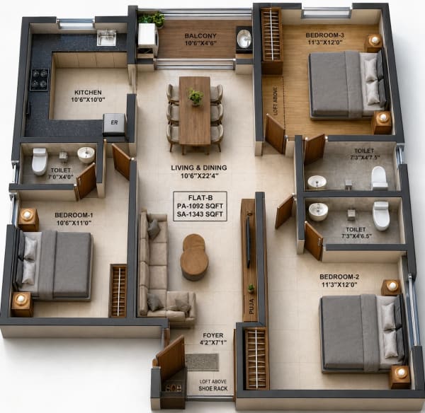 3 BHK Apartment floor plan — 1,343 sqft