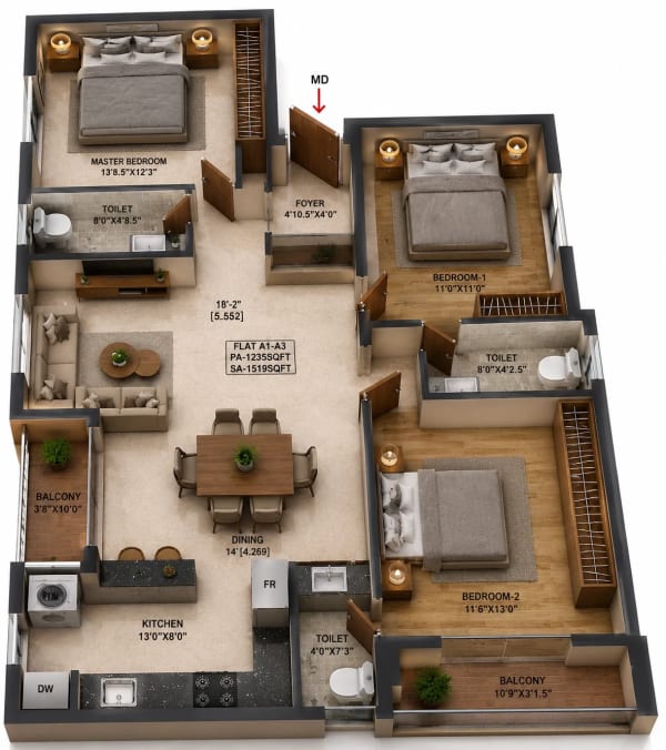 3 BHK Apartment floor plan — 1,519 sqft