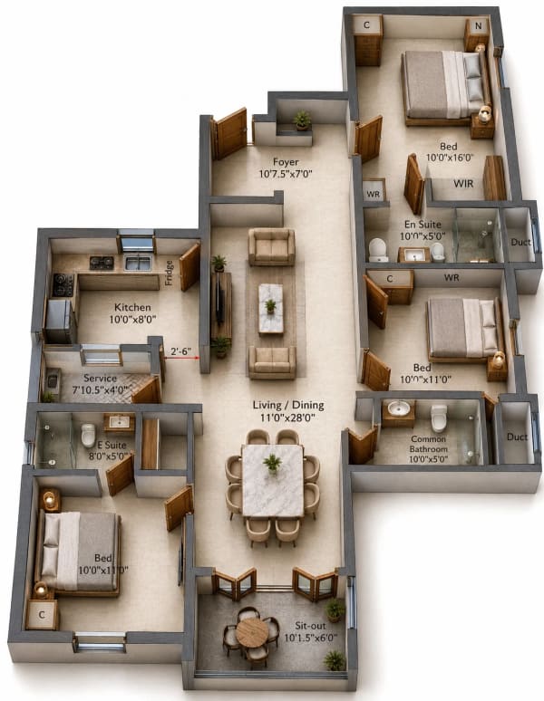 3 BHK Apartment floor plan — 1,620 sqft