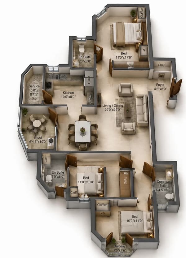 3 BHK Apartment floor plan — 1,695 sqft