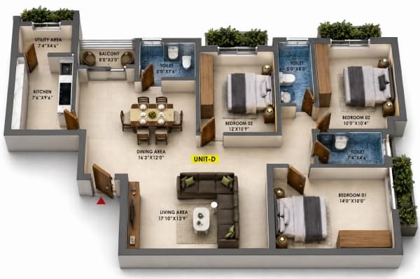 3 BHK Apartment floor plan — Cinnamon Blossom