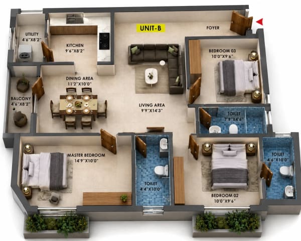 3 BHK Apartment floor plan — Cinnamon Blossom