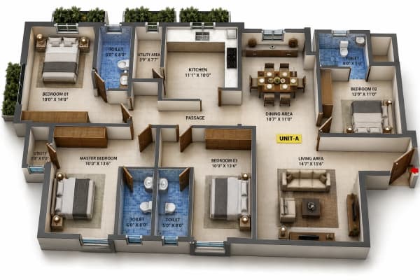 4 BHK Apartment floor plan — Cinnamon Blossom