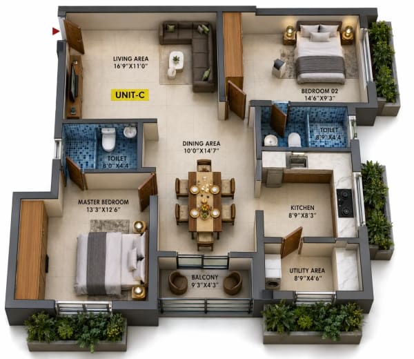 2 BHK Apartment floor plan — 1,166 sqft