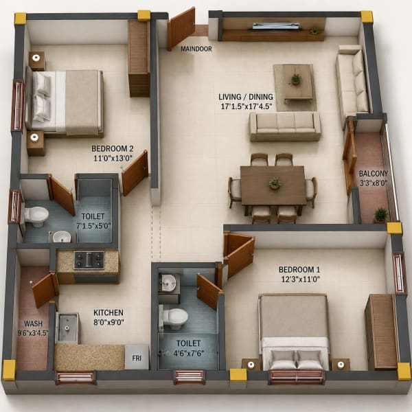 2 BHK Apartment floor plan — 1,056 sqft