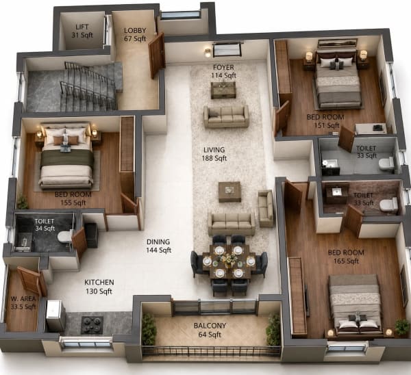 3 BHK Apartment floor plan — 1,794 sqft