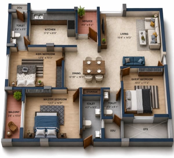 3 BHK Apartment floor plan — Artis Prime