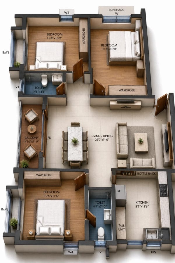 3 BHK Apartment floor plan — 1,250 sqft