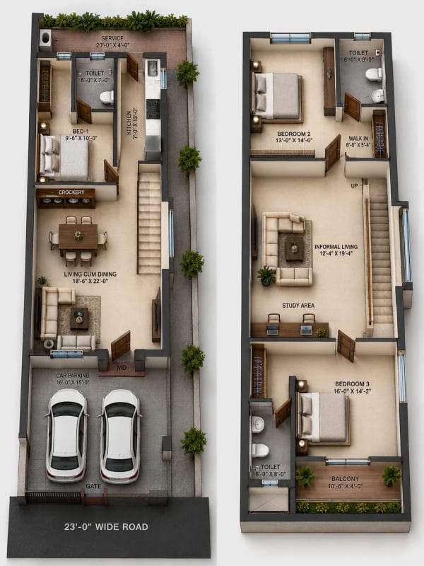 3 BHK Villa floor plan — 2,074 sqft
