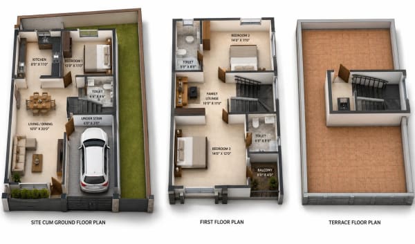 3 BHK Villa floor plan — 1,739 sqft