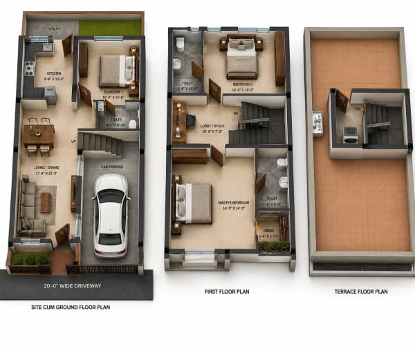 3 BHK Villa floor plan — 1,692 sqft