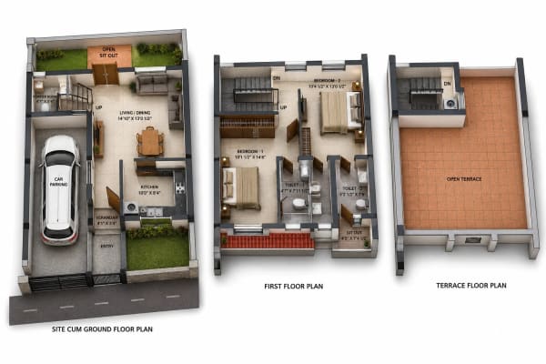 2 BHK Villa floor plan — 1,394 sqft