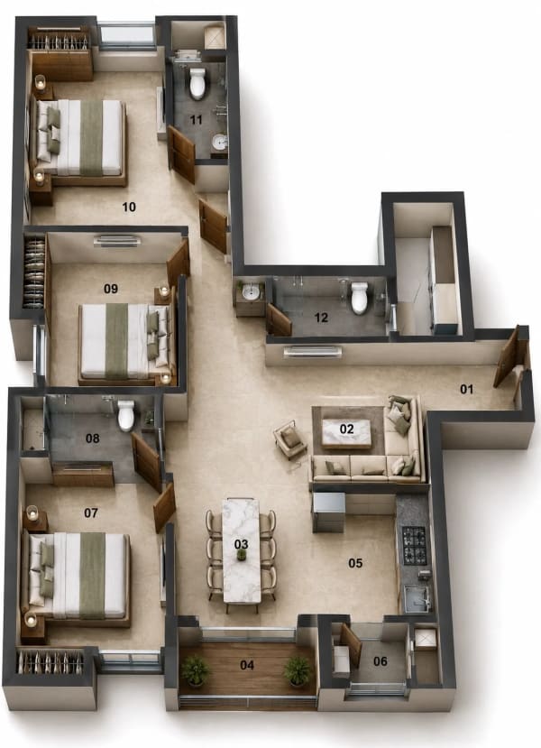 3 BHK Apartment floor plan — Jains Aadhya Bharath