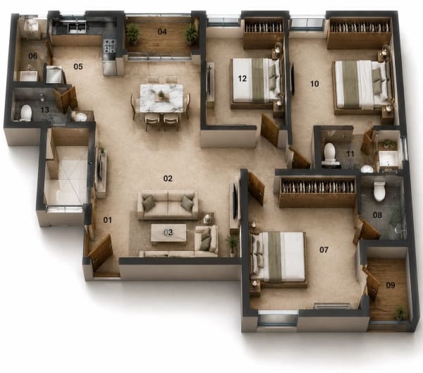 3 BHK Apartment floor plan — Jains Aadhya Bharath