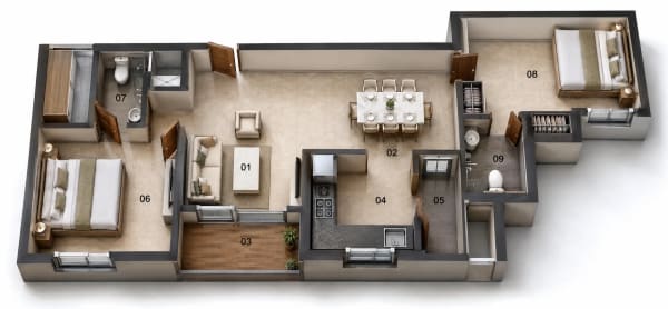 2 BHK Apartment floor plan — 1,015 sqft