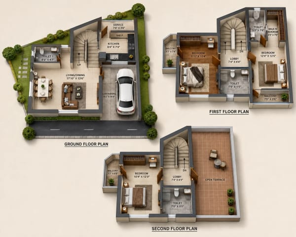 3 BHK Villa floor plan — 1,612 sqft