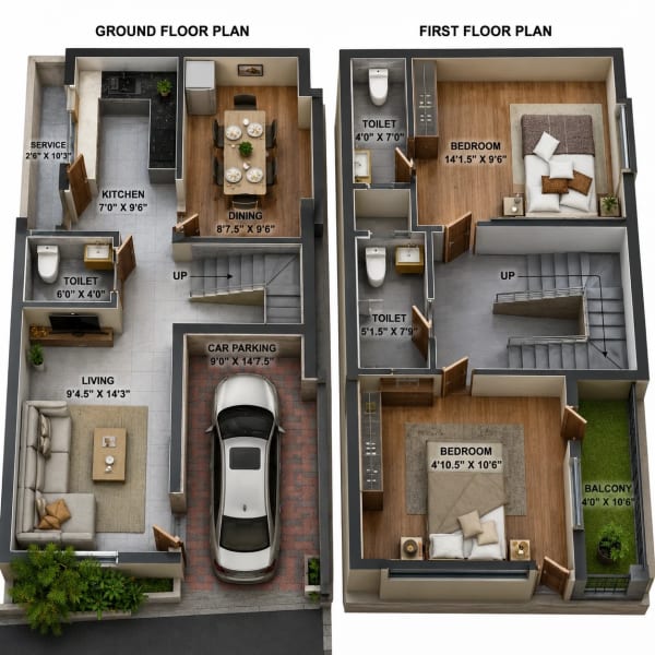 2 BHK Villa floor plan — 1,330 sqft