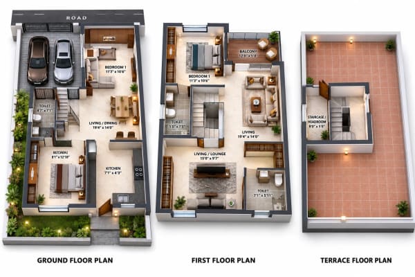 3 BHK Villa floor plan — 2,233 sqft