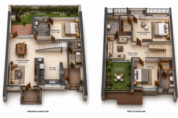 3 BHK Villa floor plan — 2,949 sqft