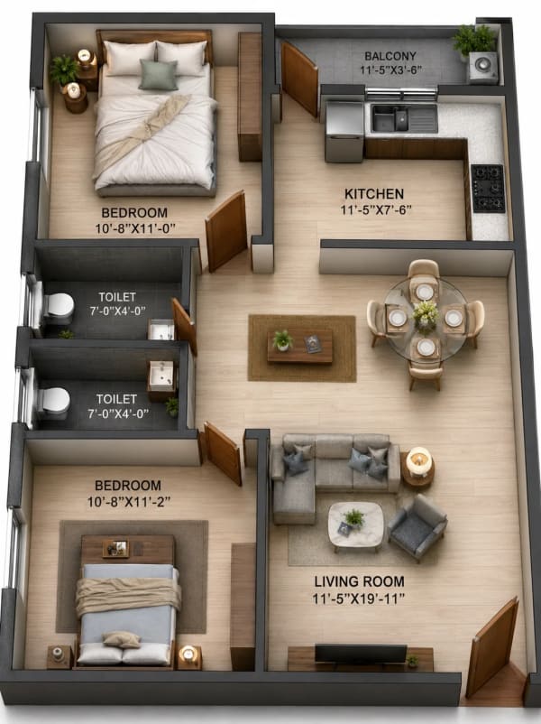 2 BHK Apartment floor plan — 938 sqft