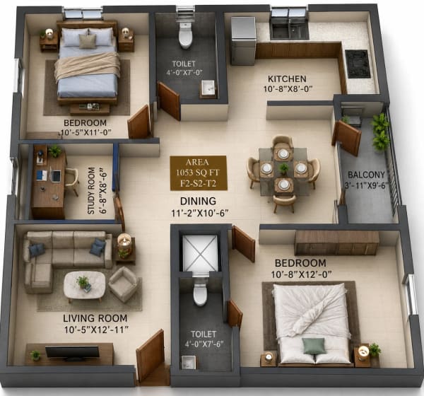 2 BHK Apartment floor plan — 1,053 sqft