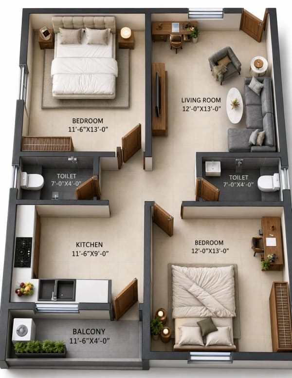 2 BHK Apartment floor plan — 983 sqft