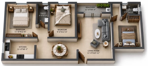 3 BHK Apartment floor plan — Grand Springs