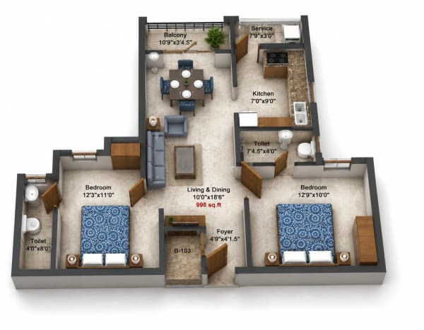 2 BHK Apartment floor plan — 998 sqft