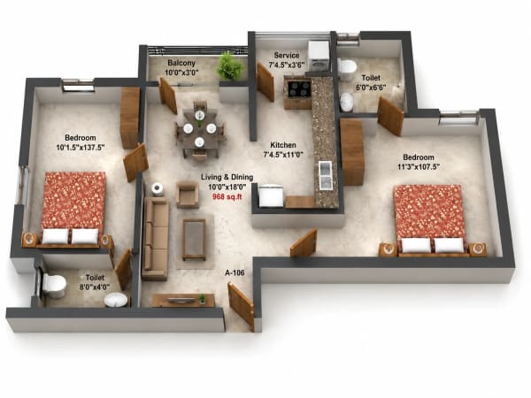 2 BHK Apartment floor plan — 968 sqft