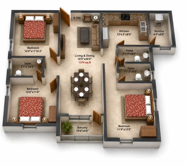 3 BHK Apartment floor plan — Rajus Maruthi