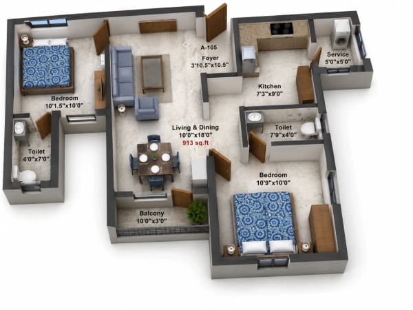 2 BHK Apartment floor plan — 913 sqft
