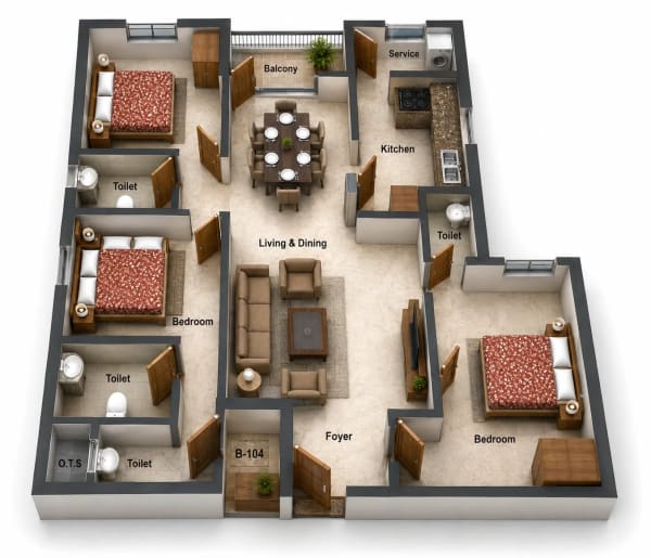 3 BHK Apartment floor plan — Rajus Maruthi